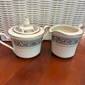 Noritake Ivory China Prelude #7570 Sugar Bowl wLid & Creamer Set Black Scrolls
